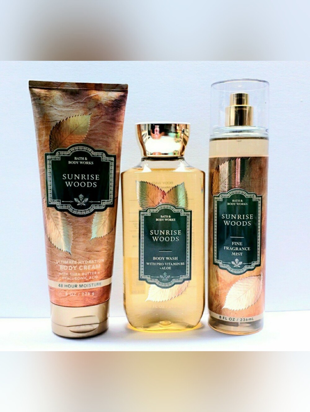 Bath & Body Works SUNRISE WOODS Fragrance Mist, Body Wash and Body Cream -3 pcs